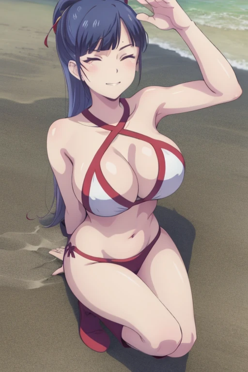 masterpiece, best quality, beautiful art, high resolution, well formed hands, body and fingers, 1 woman, solo, Ami Tsuruga, full body picture, grown up, adult, large and rounded breasted, cleavage, hair ornament, wearing a Tyris Flare outfit , white_bikini, full body, sexy and skimpy bikini, gorgeous hips, legs and thighs bouncing breasts, red boots,ryona,in peril, she is defeated, knocked out, passed out, closed eyes, exhausted, unconscious, laying down on the sand, extended exposed body, full body on the sand, breathing heavily, sexy smirk on her face, bouncing breasts, sexy defeated pose, defeat and KO scene, fallen beauty, martial arts tournament with beach environment