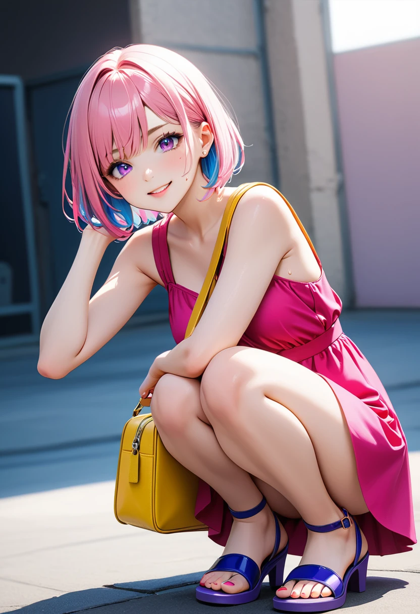 (1 girl),(Best Picture Quality, 8K, Masterpiece:1.3), (high school student:1.5), ((pink lob hair:1.1)), (bob cut),(swept bangs), (cute eyes, pupil black, iris skyblue, youthful face), (mole under right eye), (standard weight), (small breasts), (glistening skin:1.1),(pale skin:1.2),((squatting)),(Smile:1.2),((sweat:1.1)),((from below)),(morning), BREAK, (Vibrant pink dress:1.5), (Yellow bag:1.4), (Purple sandals:1.4), (Energetic look:1.4), BREAK, (Simple design:1.4), (Colorful accessories:1.4),BREAK,(pink panties),