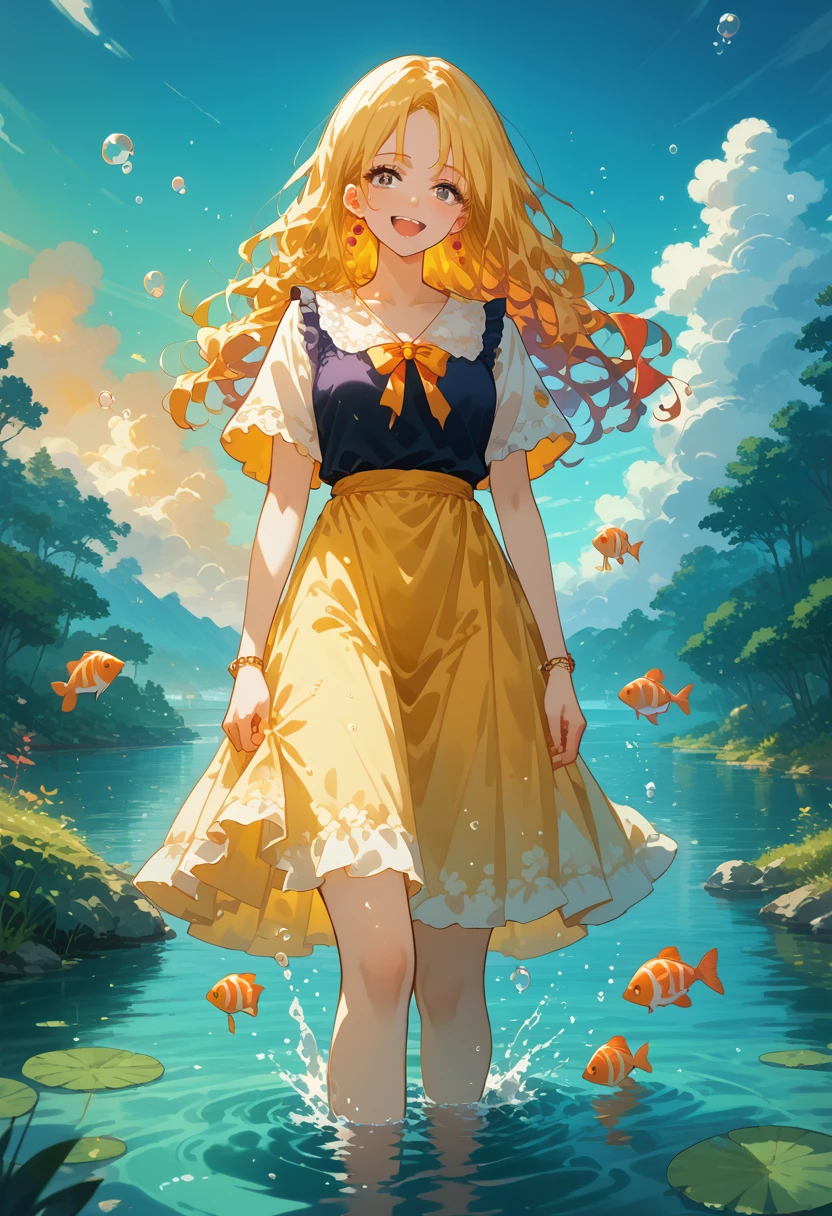 Young woman,Walking on water,Bright,beautiful,sexy,two Hair Colors Purple Yellow,Playful walk,Dressed in a Light Tunic with Beautiful Golden Shimmer,Happy woman smiles and rejoices,Soft clouds float across the sky,Everything is reflected in the river,full detailed,Maximum Effects,The Brightest Colors,masterpiece,ultra detail,Maximum elaboration,Fish and Some Bubbles,Everything is Alive and You Feel the Atmosphere,Verbatim Detail