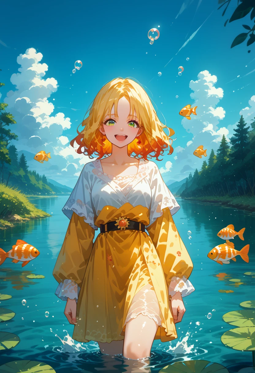 Young woman,Walking on water,Bright,beautiful,sexy,two Hair Colors Purple Yellow,Playful walk,Dressed in a Light Tunic with Beautiful Golden Shimmer,Happy woman smiles and rejoices,Soft clouds float across the sky,Everything is reflected in the river,full detailed,Maximum Effects,The Brightest Colors,masterpiece,ultra detail,Maximum elaboration,Fish and Some Bubbles,Everything is Alive and You Feel the Atmosphere,Verbatim Detail