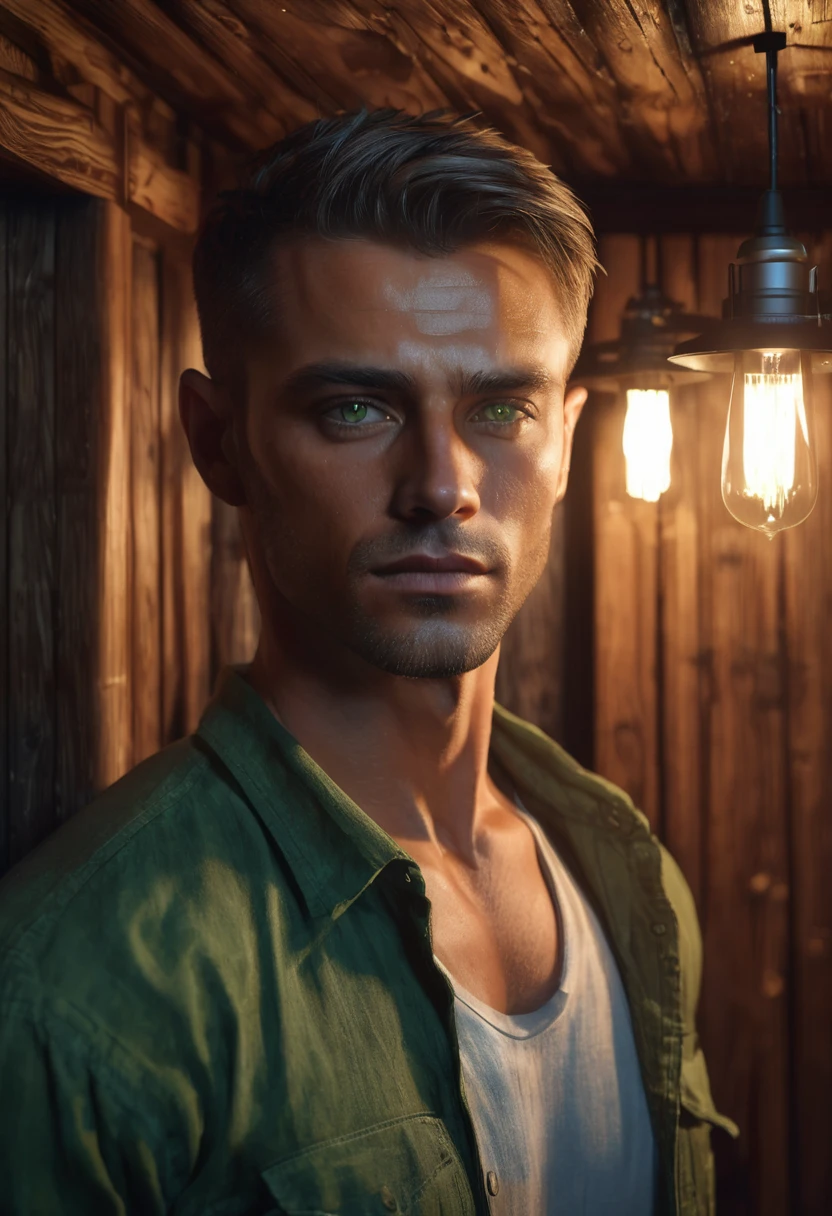 1 man, inside a wooden house at night, wearing casual clothes, detailed facial features, masculine green eyes, tanned and detailed skin, shaved hair, dramatic lighting, cinematic composition, dark palette, dark colors, atmospheric haze, square jaw, serious face, masculine man and beautiful, adult man, ultra realistic, profile picture, handsome, surreal beauty, adult man, 25 years old, (best quality, 4K, 8K, high resolution, art: 1.2), ultra detailed (realistic, photorealistic, photorealistic: 1.37)