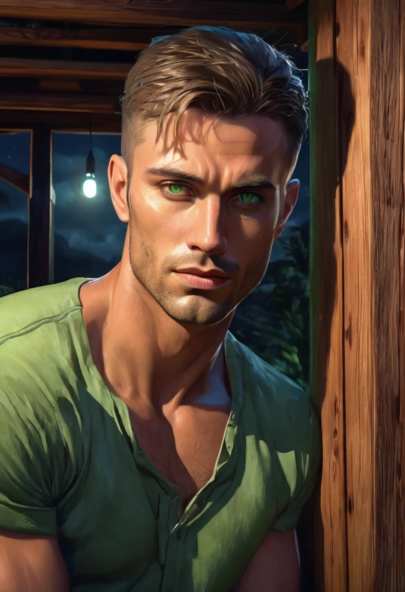 1 man, inside a wooden house at night, wearing casual clothes, detailed facial features, masculine green eyes, tanned and detailed skin, shaved hair, dramatic lighting, cinematic composition, dark palette, dark colors, atmospheric haze, square jaw, serious face, masculine man and beautiful, adult man, ultra realistic, profile picture, handsome, surreal beauty, adult man, 25 years old, (best quality, 4K, 8K, high resolution, art: 1.2), ultra detailed (realistic, photorealistic, photorealistic: 1.37)