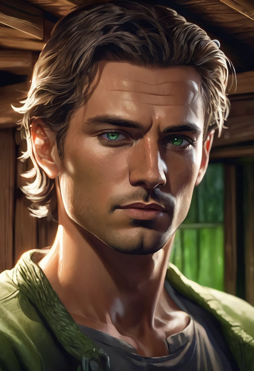 1 man, inside a wooden house at night, wearing casual clothes, detailed facial features, masculine green eyes, tanned and detailed skin, shaved hair, dramatic lighting, cinematic composition, dark palette, dark colors, atmospheric haze, square jaw, serious face, masculine man and beautiful, adult man, ultra realistic, profile picture, handsome, surreal beauty, adult man, 25 years old, (best quality, 4K, 8K, high resolution, art: 1.2), ultra detailed (realistic, photorealistic, photorealistic: 1.37)