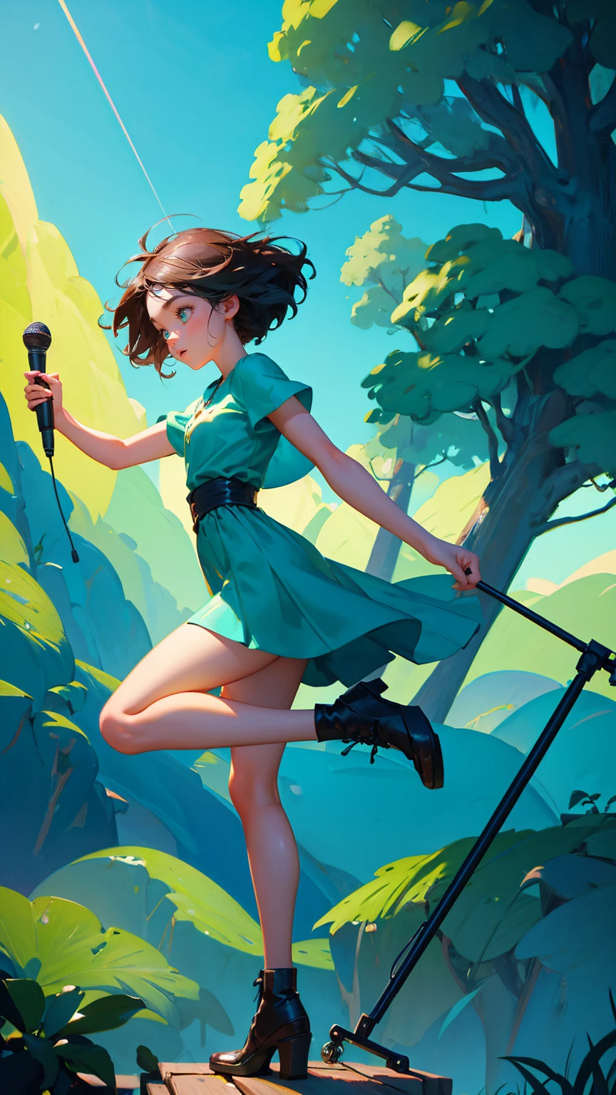 3D illustration a beautiful cute girl of holding the word "RegWRnent" with one hand and standing on his back legs, jumping in front of a microphone stand, a tree trunk shaped stage is behind him, the background features a forest landscape, green plants and blue sky, Pixar style cartoon character design, Disney style animation, made from wood planks, dynamic pose, high resolution, high detail, high texture, octane rendering, 2d cartoon style, colorful colors, bold lines, natural lighting, cinematic