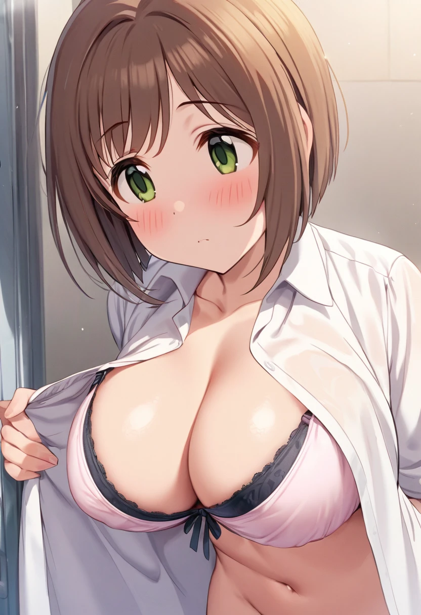 masterpiece, Highest quality, Expressionless, 1 girl, 、(locker room、Change of clothes、Take off)、blush、((Miku Maekawa、Brown Hair、Green Eyes))　Remove your bra、　((Sexy Underwear))　Big Breasts　From above　((avert your eyes、Downward))、White collared shirt、Open shirt