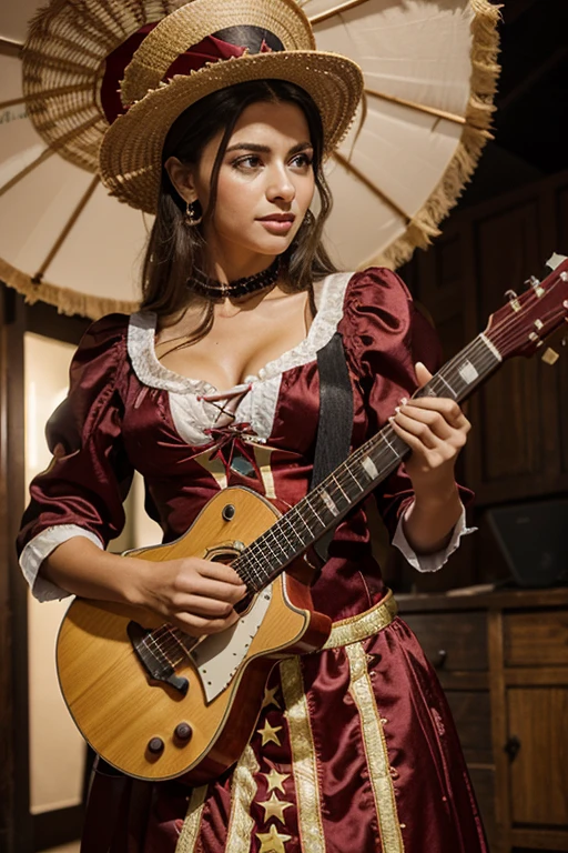 Portuguese woman in traditional costume holding a guitar, поёт fad под звездным небом. (Attributes: woman, traditional costume, Guitar, fad, stars)