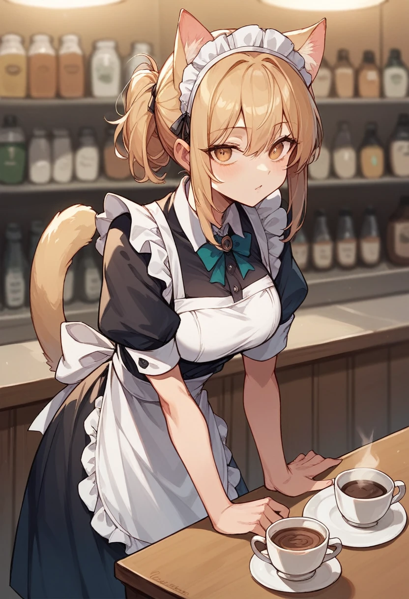 Maid clothes　Shortcuts　woman　２０generation　Coffee shop　waiter　coffee　Cat ear　Leaning forward　