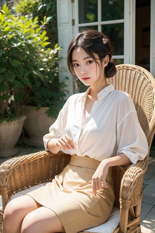 Very beautiful Japanese woman、Around 20 years old、layered cut、Sitting on a wicker chair、Scornful expression、My skin is shining with sweat、The breeze is stirring my hair、Crossing your legs、stylish、A stylish white blouse and a short beige skirt、Afternoon terrace of a French mansion、The sunlight illuminates the surrounding landscape in pure white.、french movie style、Professional photos with attention to detail、Photorealistic、Highest quality