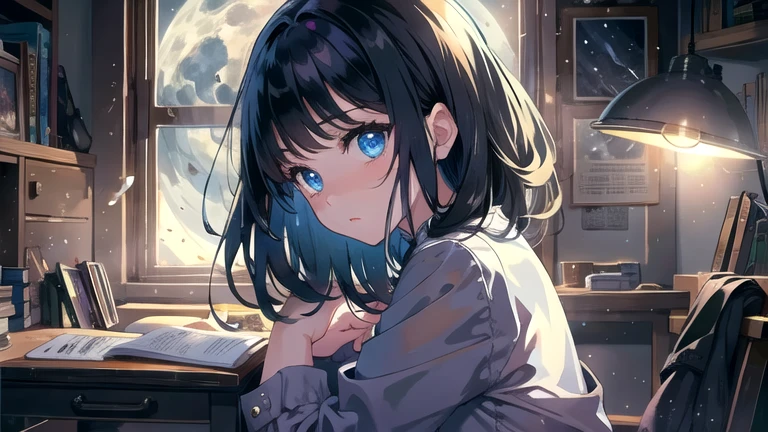 Create an illustration of a girl with black hair and blue eyes, sitting in a chair in front of a desk, Sentimental, Introspective look。, The moonlight gently shines into the room, Gently illuminate the space, Curtains sway in the wind, Increase tranquility, Dark mood, Emphasise the theme of loneliness, silence, And the depths of night, The room is dark、dimly lit by the moonlight