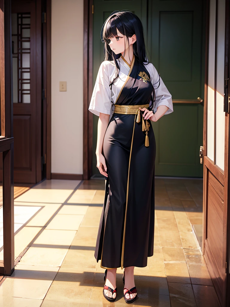 beautiful Asian girl in full growth stands on the floor sideways, long black hair, looking away, extends his hand, stylish clothes