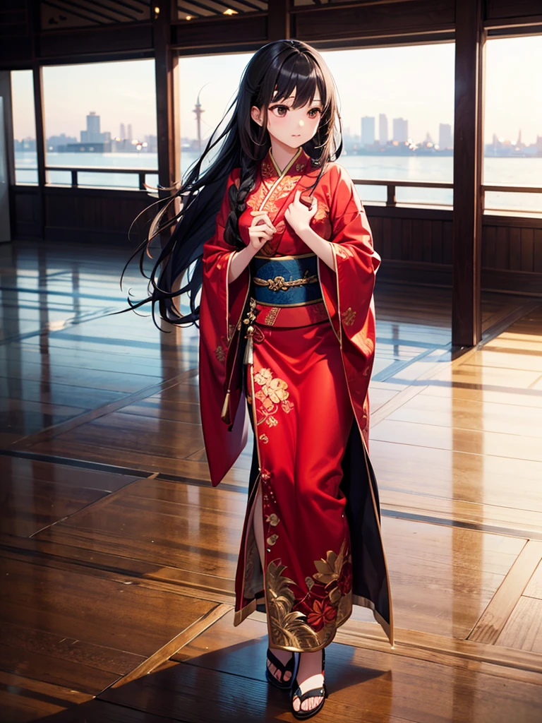 beautiful Asian girl in full growth stands on the floor sideways, long black hair, looking away, extends his hand, stylish clothes