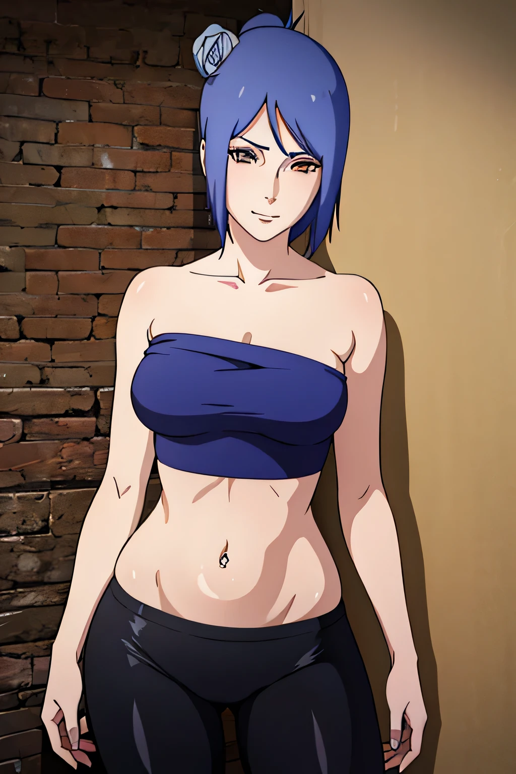 Konan, blue hair, short hair, flower in hair, orange beautiful eyes, lavender eyeshadow, blush, smiling, shy, black basic simple tube top, medium chest, exposed navel, exposed abdomen, shiny, shiny belly, sexy belly, bellybutton piercing, extremely low-rise leggings, black basic seamless leggings, youthful, slim, slender, voluptuous, vivacious, curvy, cameltoe, beautiful, gorgeous, attractive, stunning, digital, masterpiece, high quality, highly detailed, looking at viewer, presenting, wall background, resting on wall, cowboy shot, close view, babe, sexy body, narrow waist,