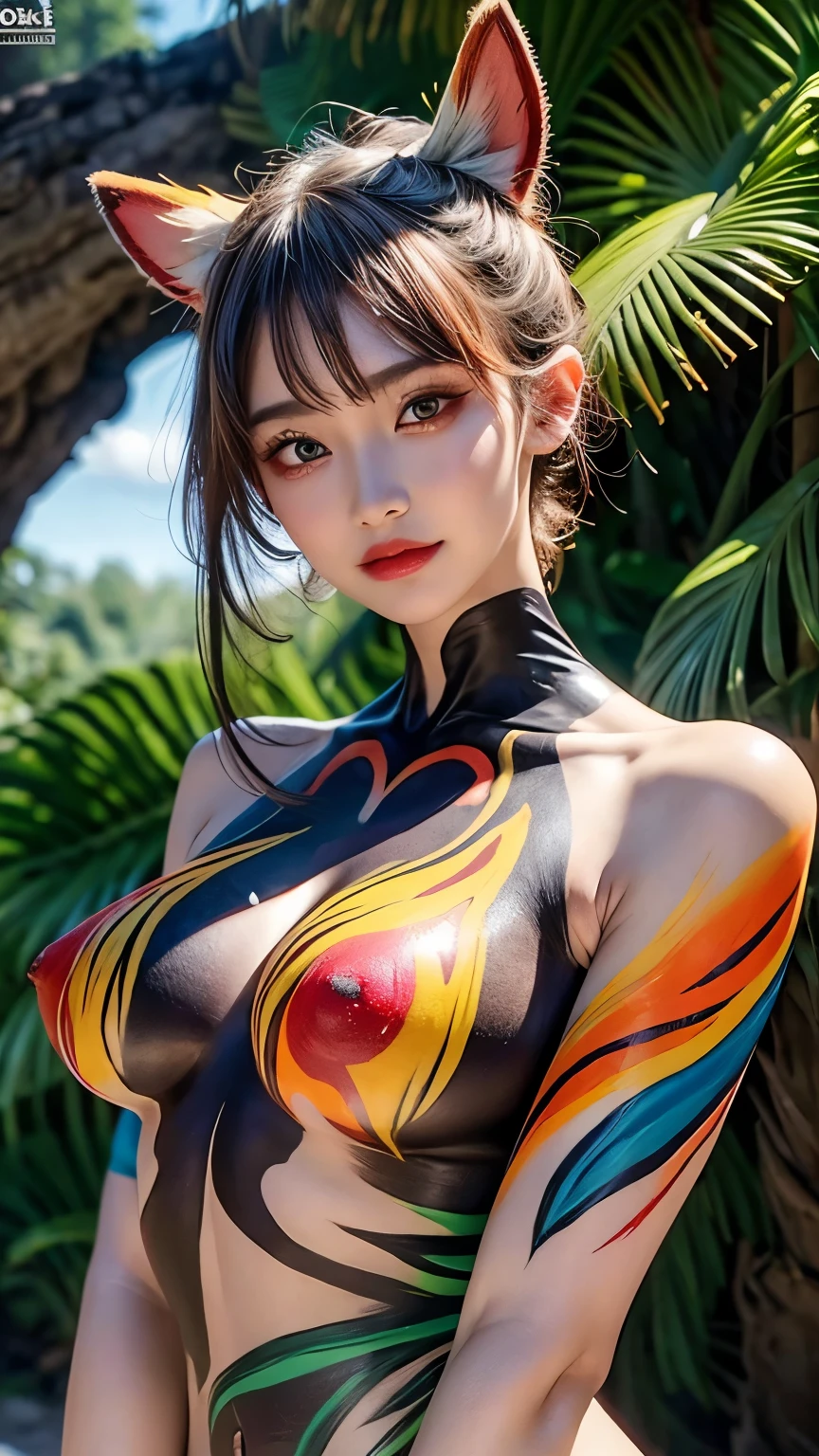 {((body painting with wild jungle style theme, Use bright colors))}, masterpiece, (best quality, ultra-detailed:1.4), (ultra high res:1.4), (sharp focus:1.3), (insanely detailed:1.3), masterpiece, best quality, 1girl, solo, (body painting:1.4), street wall background, looking at viewer, (F-cup sagging breasts), photography lighting, Model, fair skin, painting on fair skin, Large area body painting, ((Areolas painted:1.4)), fair skin, small areolas,
