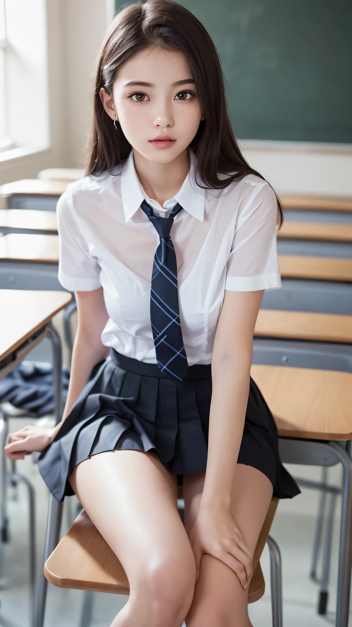 nsfw,1girl,18years old,Upper body high school uniform,wearing a mini skirt,no undies,wear white loose socks,wear white indoor shoes,sit down in a chair,spread legs,spread pussy with fingers,splash urine from urethra,dripping urine from perineum,A small puddle of transparent lemon color under the crotch,slender,round face,squinty eyes,thin lips,long brown hair,ponytail,brown pubic hair,in the classroom,look at camera