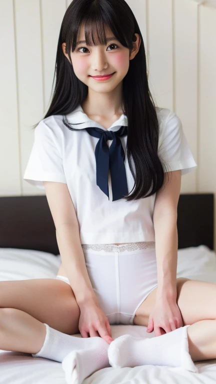 Ultra-Realistic Images、Cute Japanese girls images,10 and 12 year old sisters，White blouse, navy blue miniskirt and white socks，(((She spreads her legs to reveal her white panties)))，bangs,Smile a little,Thighs,share,knees,Shortcuts,ponytail,From below，In the bedroom