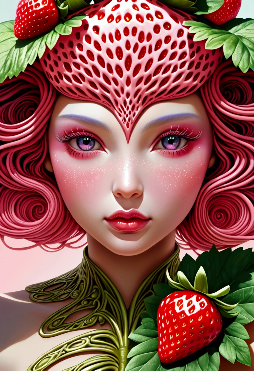 a beautiful strawberry alien girl with Strawberry-like Chest, wearing a cute dress, extremely detailed face, beautiful eyes, long eyelashes, detailed lips, highly realistic, 8k, masterpiece, photorealistic, intricate details, vivid colors, digital art, ethereal, fantasy, surreal