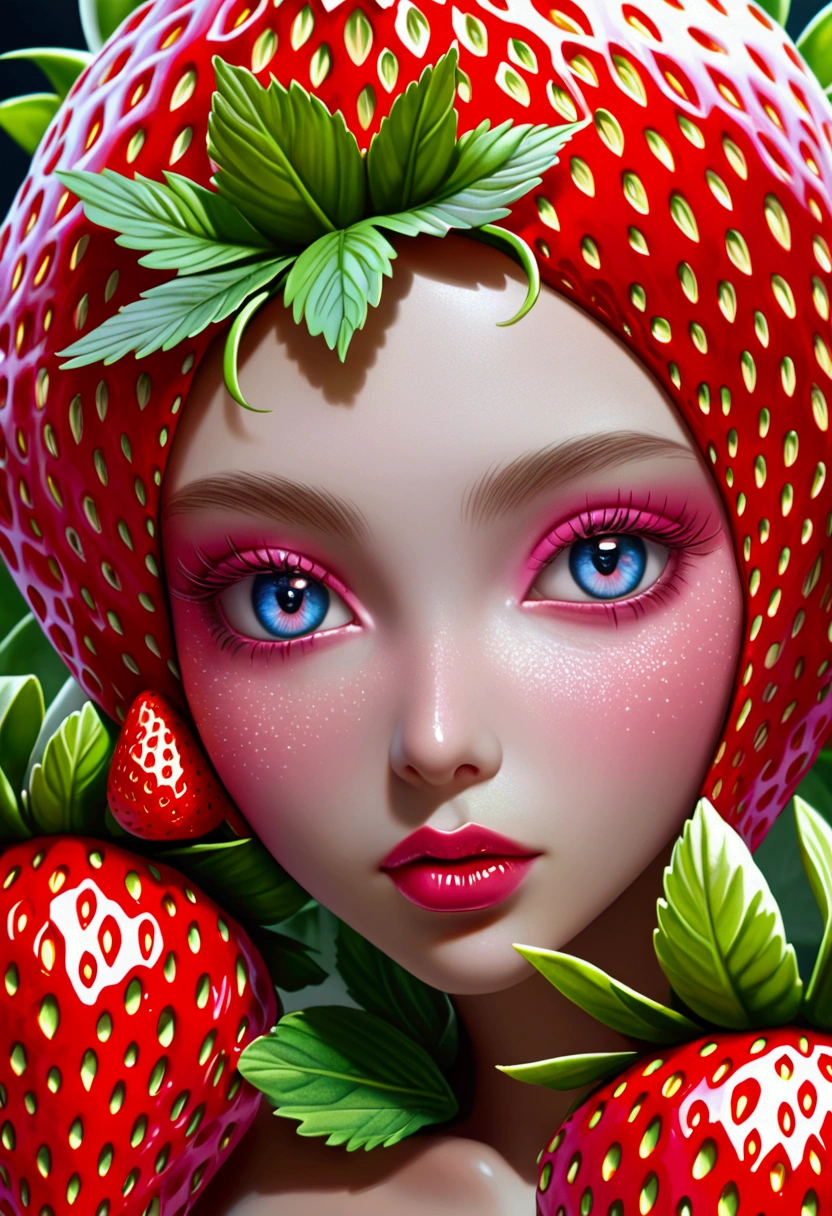 a beautiful strawberry alien girl with Strawberry-like Chest, wearing a cute dress, extremely detailed face, beautiful eyes, long eyelashes, detailed lips, highly realistic, 8k, masterpiece, photorealistic, intricate details, vivid colors, digital art, ethereal, fantasy, surreal