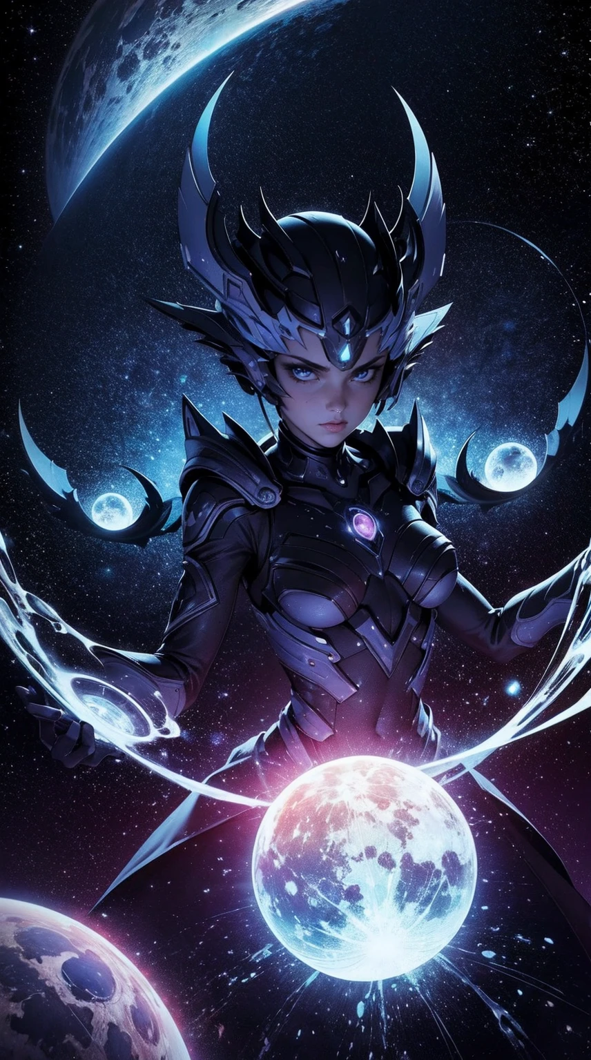 "cosmic entity": um ser com quatro olhos brilhantes, multiple arms, A breathtaking view from space reveals a twisted galaxy filled with strange life forms and entities that humans understand. Planet with night sky, fenda, leviathan, 8k, lindo, dramatic scene, buraco negro, void, woman, female