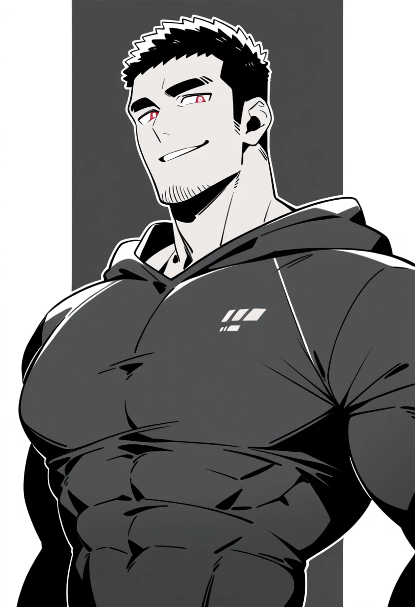 anime characters：Priapus, Black Black Skin Muscle Sports Student, Manliness, male focus, Sports tight hooded sweatshirt, Under Armour Brand, Wear a high-necked tights underneath, Very tight, Huge pectoral muscles, muscular male, muscular, Perfect muscular waist, only, Upper body, alone, Red short hair, Thick eyebrows, stubble, Brown-red pupils, White background, Solid color background, Clean background, simple background, amazing quality, best aesthetics, Ridiculous, crew cut, smirk, bright pupils, grin, negative space, negative space, best quality