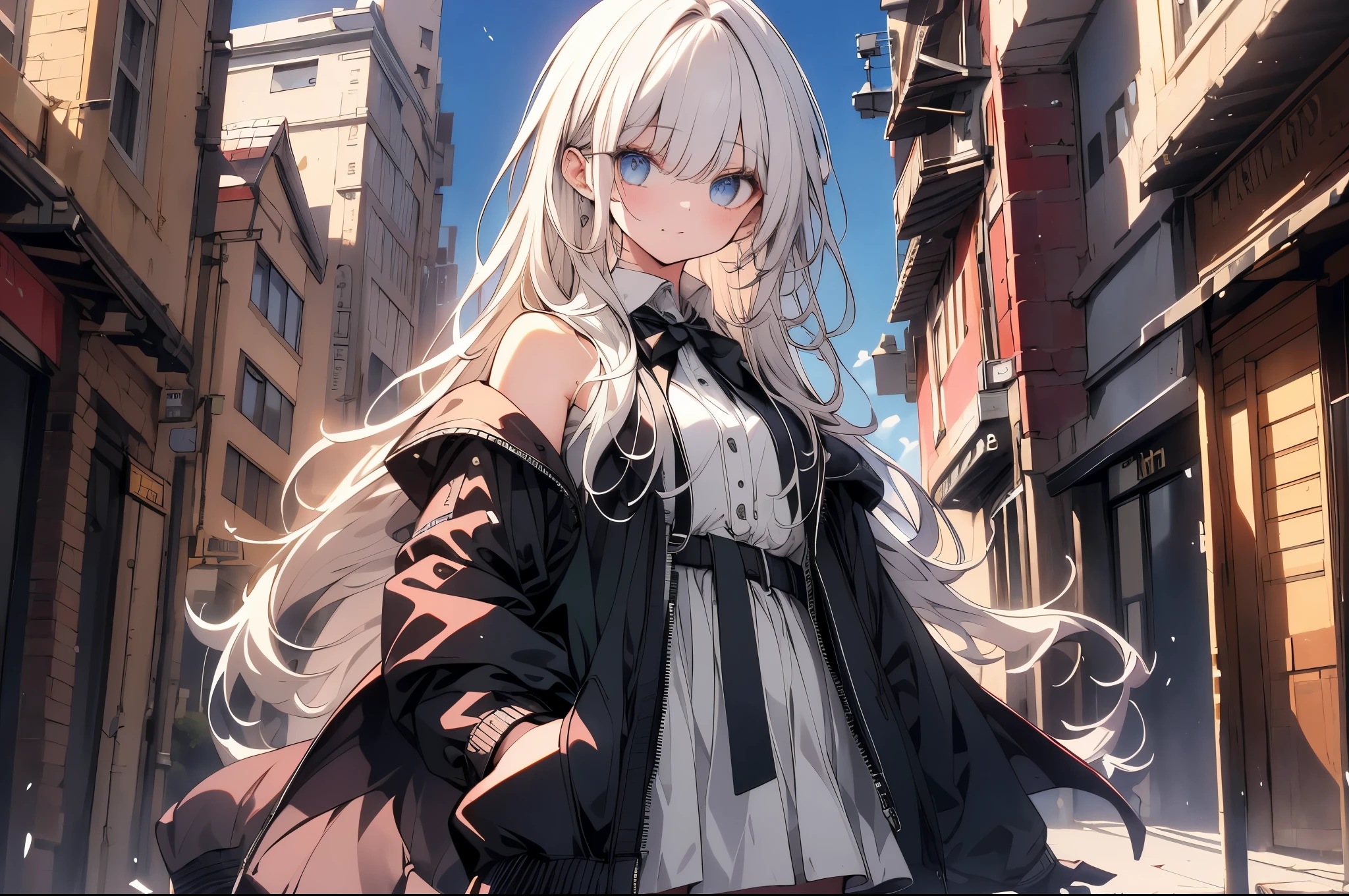 (masterpiece, highest quality, super detailed, best shadow), (detailed background,dark fantasy) wide view, 1girll,solo,long whitr hair,A white-haired,hoody,cropped shoulders:1.2,street,hand on hips,hand on pockets,