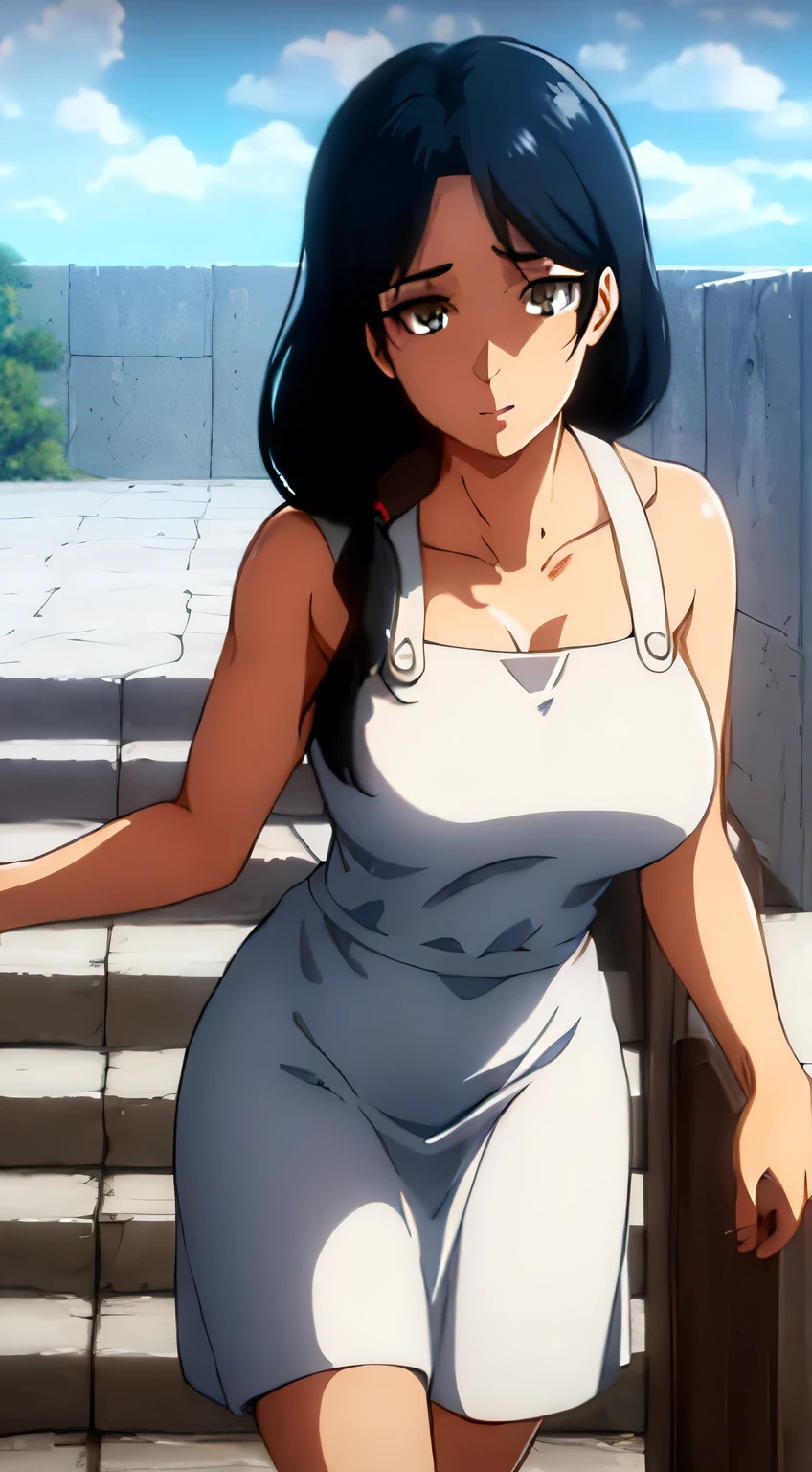 (day:1.7), a city with a lot of buildings and a sky background with clouds in the background and a blue sky, architecture, Standing at attention, at the roof, deep cleavage, collarbone, White apron,bare shoulders, black Hair, brown eyes, Bangs, single braid, 1 girl, 20yo,Young female,Beautiful Finger,Beautiful long legs,Beautiful body,Beautiful Nose,Beautiful character design, perfect eyes, perfect face,expressive eyes, looking at viewer, ,(close-Up),(Focus on her face), official art,extremely detailed CG unity 8k wallpaper, perfect lighting,Colorful, Bright_Front_face_Lighting,shiny skin, (masterpiece:1.0),(best_quality:1.0), ultra high res,4K,ultra-detailed, photography, 8K, HDR, highres, absurdres:1.2, Kodak portra 400, film grain, blurry background, bokeh:1.2, lens flare, (vibrant_color:1.2) (Beautiful,large_Breasts:1.4), (beautiful_face:1.5),(narrow_waist), legs, underwear