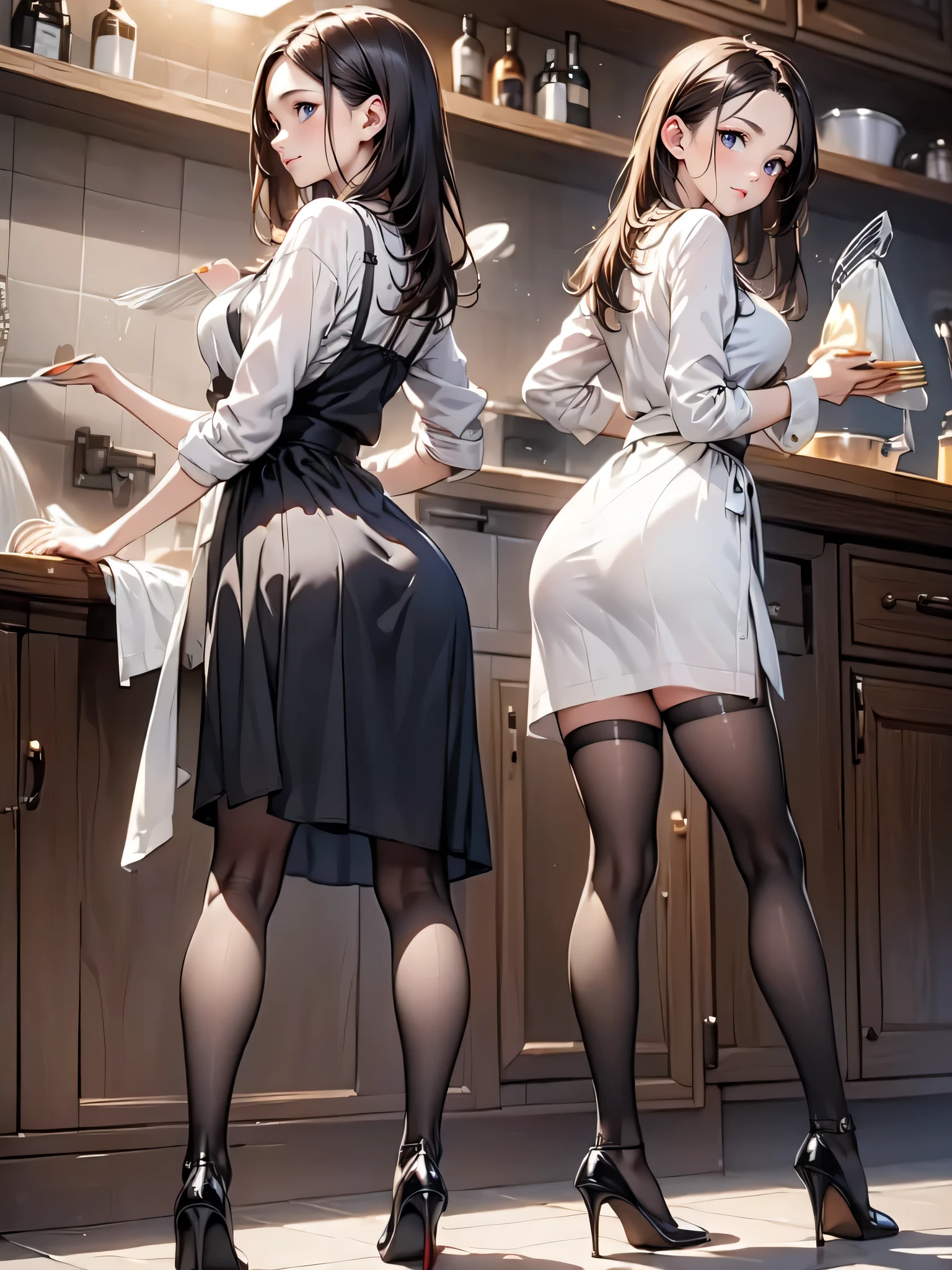(masterpiece:1.3),(best quality, highest quality),((Full Body Shot,Including face)),1girl,4K,masterpiece,((Focus on the face)),((Symmetrical facial features)),Beautiful woman,(Slender),((High heels,Patterned stockings with straps)),Detailed depiction of the face, Cafe clerk ,bar counter,profile,Long skirt,Slenderな女性,Cafe uniform,Age 25,(Wiping the dishes:1.5)