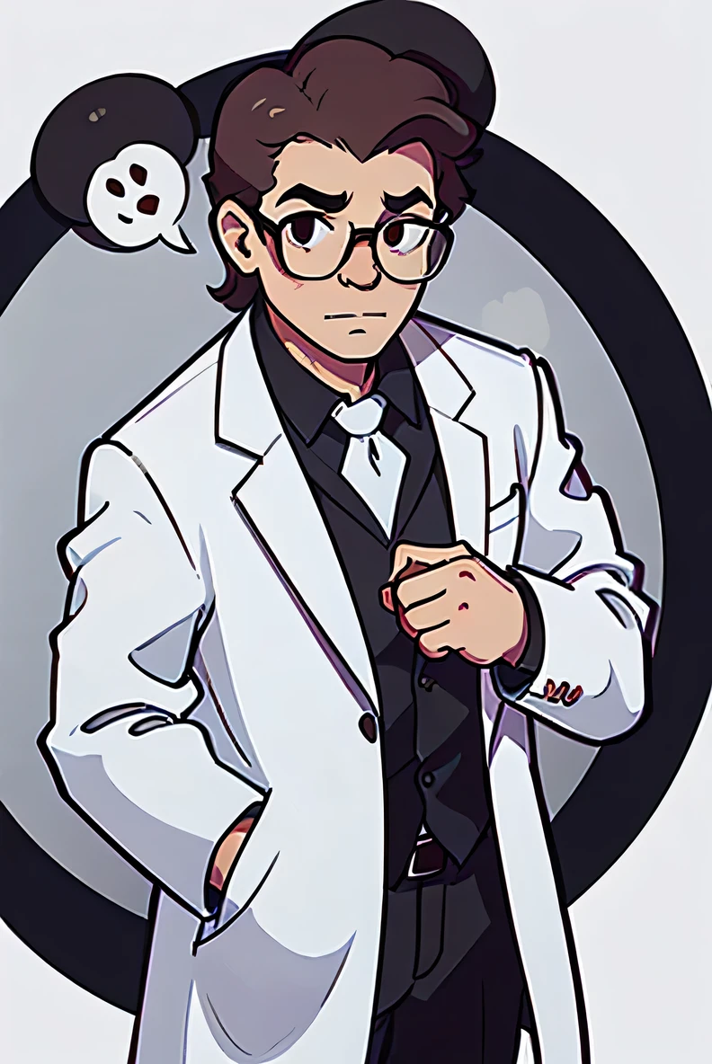 A gorilla that looks like a doctor wearing a white coat and glasses