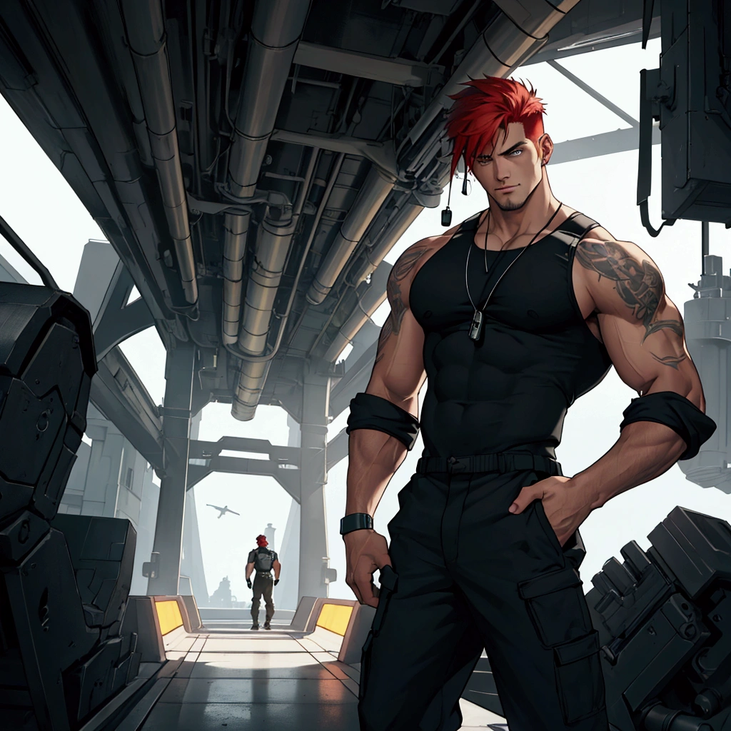 masterpiece, best quality, 8K, HDR,, A muscular 27-year-old male mechanic, with a sleek and powerful physique, sits in the captain's chair on the bridge of a futuristic spaceship. He has red hair in a short sports cut, and his eyes, an oddity of nature, with the right iris yellow and the left a deep purple, stare intently ahead. He wears a black tank top and durable work pants. The setting is the futuristic and sleek bridge of the spacecraft.