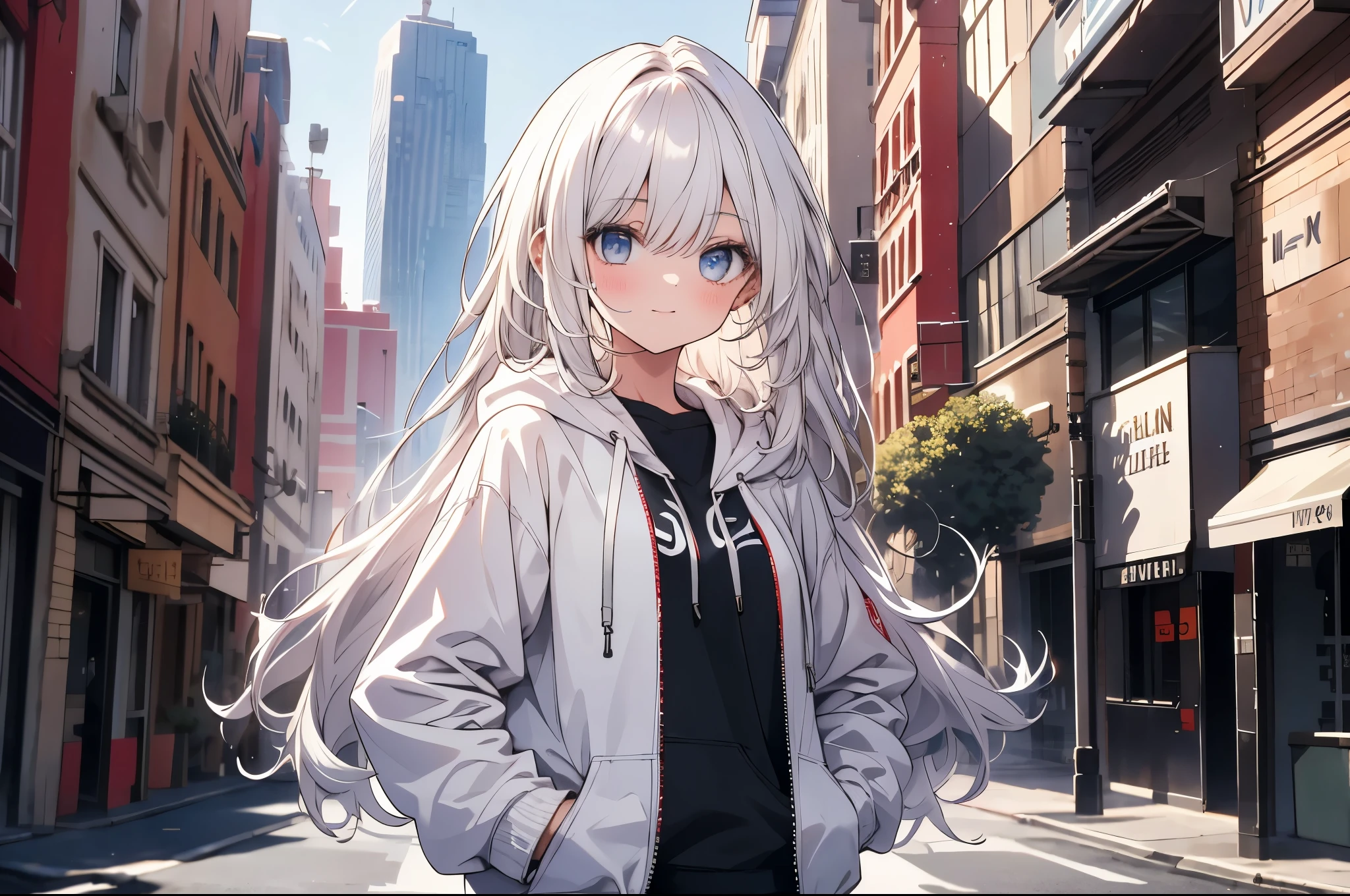 tmasterpiece,1girll,solo,long whitr hair,A white-haired,hoody,cropped shoulders:1.2,street,hand on hips,hand on pockets,