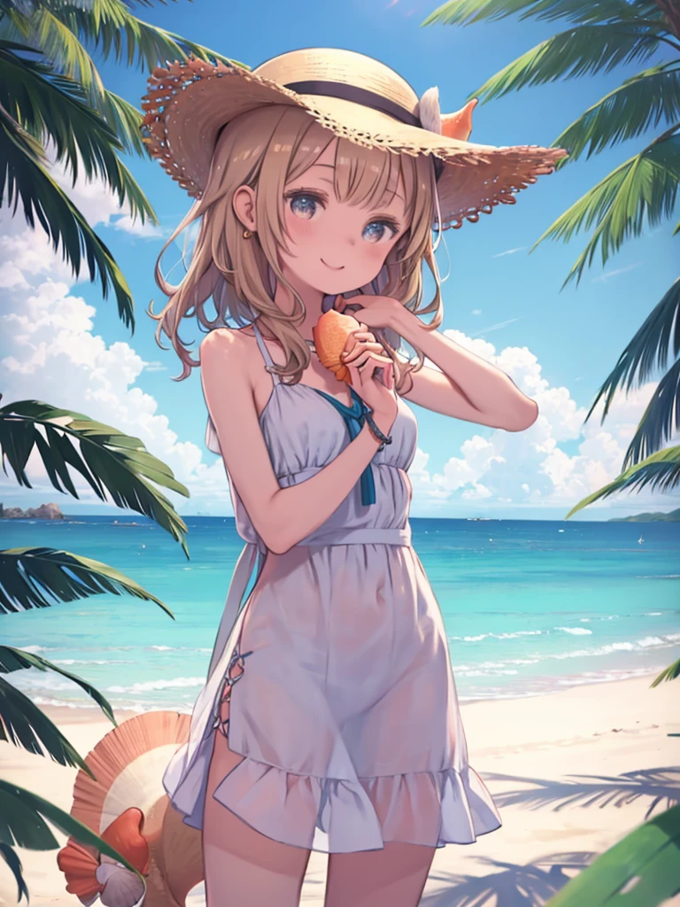 One Girl、Sandy Beach、Standing on the shore、((Conch shell))、Hold the conch shell to your ear、Smiling、Summer landscape、blue sky、Straw hat、Upper Body、