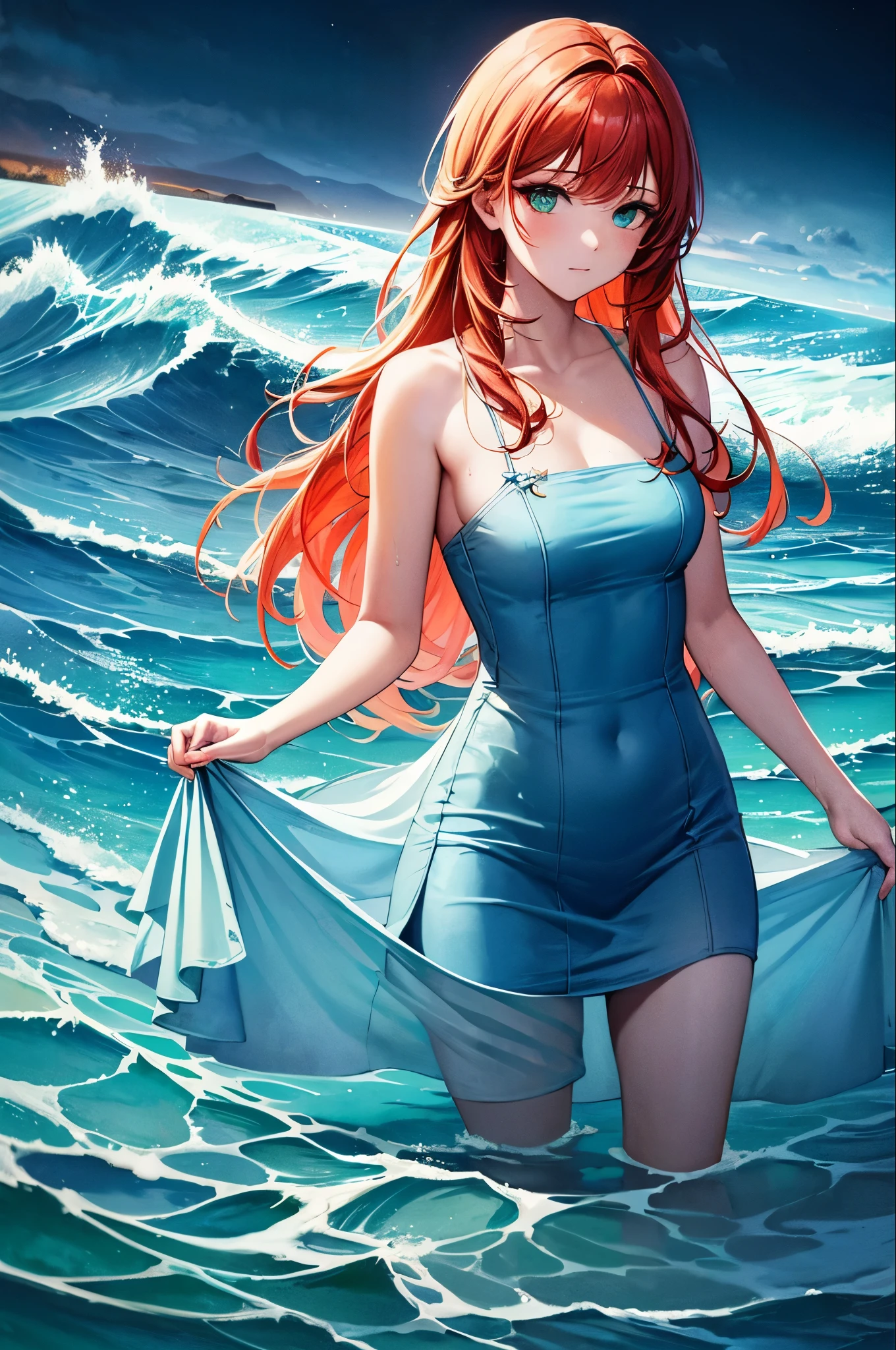(masterpiece, Highest quality), ((One girl, alone, Long Hair)), Ishmael_edge, Innocent look, Bare arms, Exposing shoulders, Bare neck, watercolor, サンdress, Liquid clothing, water, Wave, water dress, green_theme, night, haze, dark, Sharp focus, Ocean, dress, Orange Hair