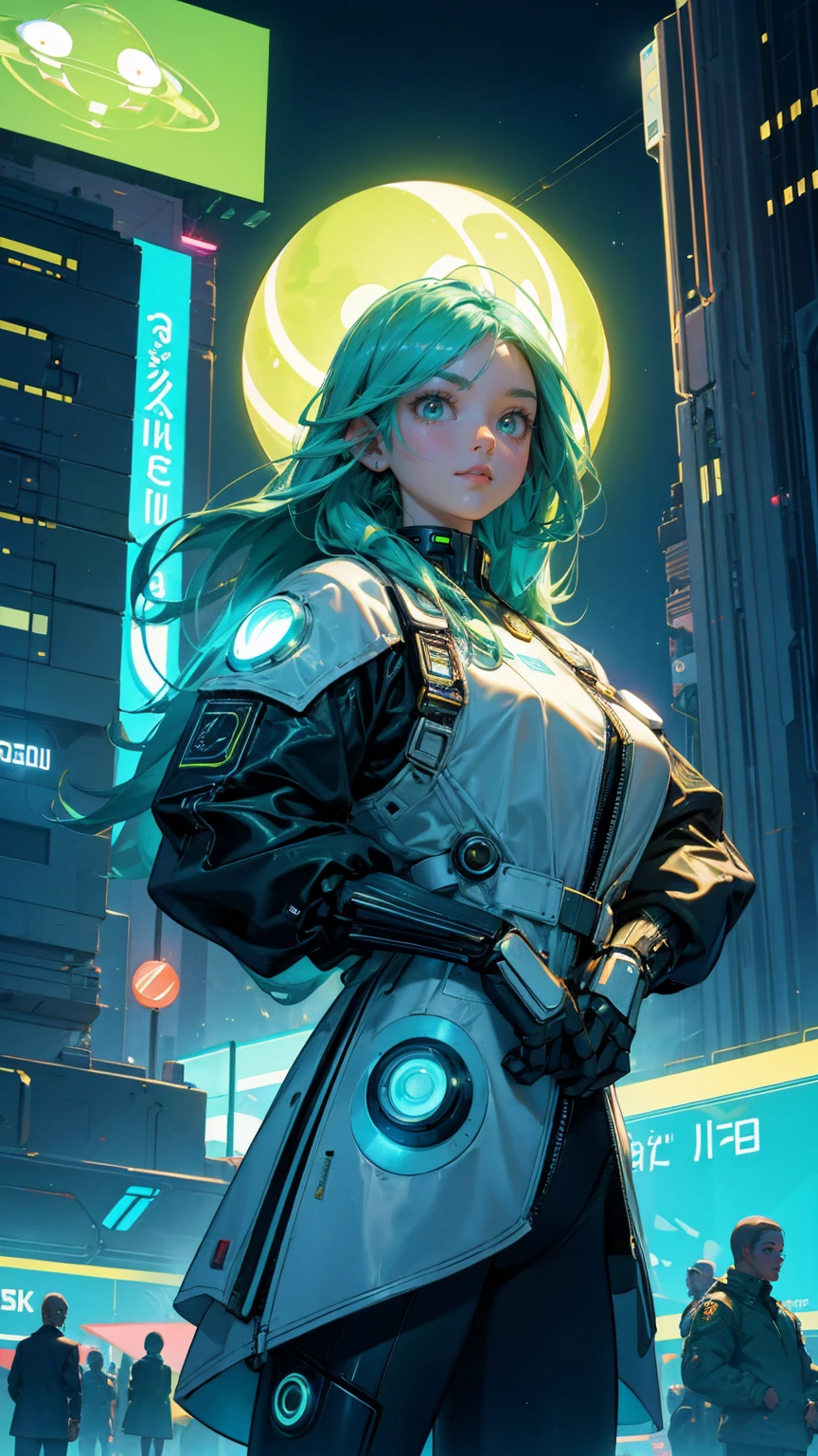 A futuristic city scene at night with bright green beams of light in the sky, flying saucers, and robots. The center features a large digital billboard displaying 'COMING SOON BIG NEWS.' Crowds of people and robots are gathered around, taking photos and looking excited. Replace all characters with beautiful, cute girls while maintaining the same futuristic, sci-fi theme. The background, flying saucers, and overall color scheme should remain exactly the same