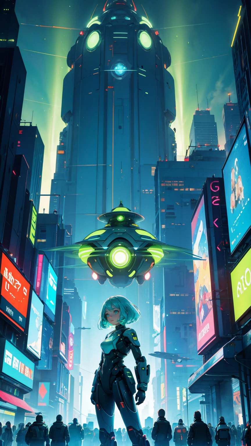 A futuristic city scene at night with bright green beams of light in the sky, flying saucers, and robots. The center features a large digital billboard displaying 'COMING SOON BIG NEWS.' Crowds of people and robots are gathered around, taking photos and looking excited. Replace all characters with beautiful, cute girls while maintaining the same futuristic, sci-fi theme. The background, flying saucers, and overall color scheme should remain exactly the same