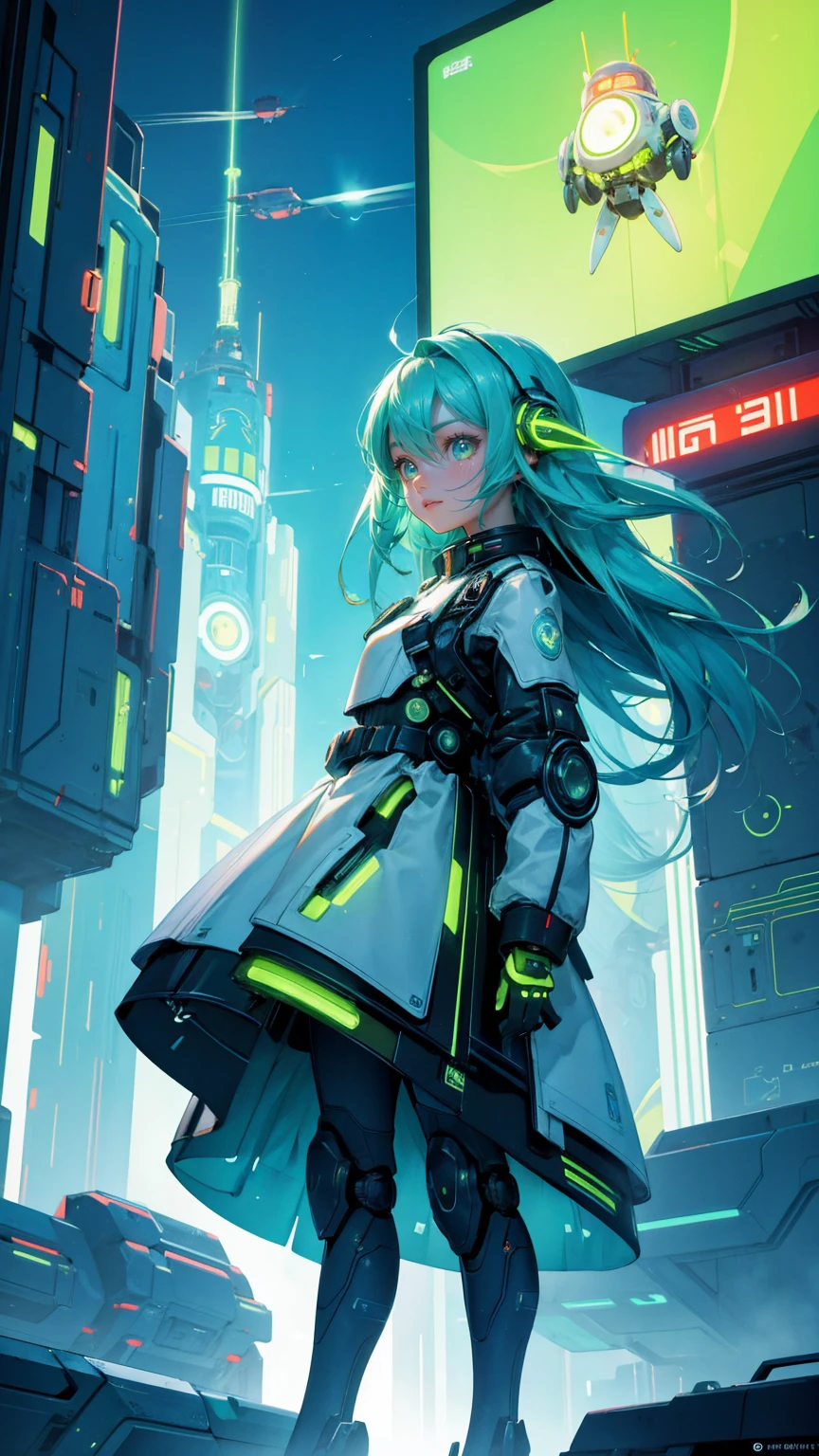 A futuristic city scene at night with bright green beams of light in the sky, flying saucers, and robots. The center features a large digital billboard displaying 'COMING SOON BIG NEWS.' Crowds of people and robots are gathered around, taking photos and looking excited. Replace all characters with beautiful, cute girls while maintaining the same futuristic, sci-fi theme. The background, flying saucers, and overall color scheme should remain exactly the same