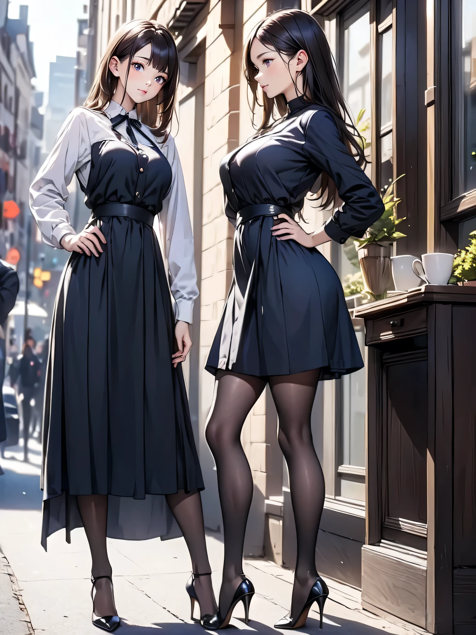 (masterpiece:1.3),(best quality, highest quality),((Full Body Shot,Including face)),1girl,4K,masterpiece,((Focus on the face)),((Symmetrical facial features)),Beautiful woman,(Slender),((High heels,Patterned stockings with straps)),Detailed depiction of the face, Cafe clerk ,In front of the entrance,profile,Long skirt,Slenderな女性,Cafe uniform,Age 25