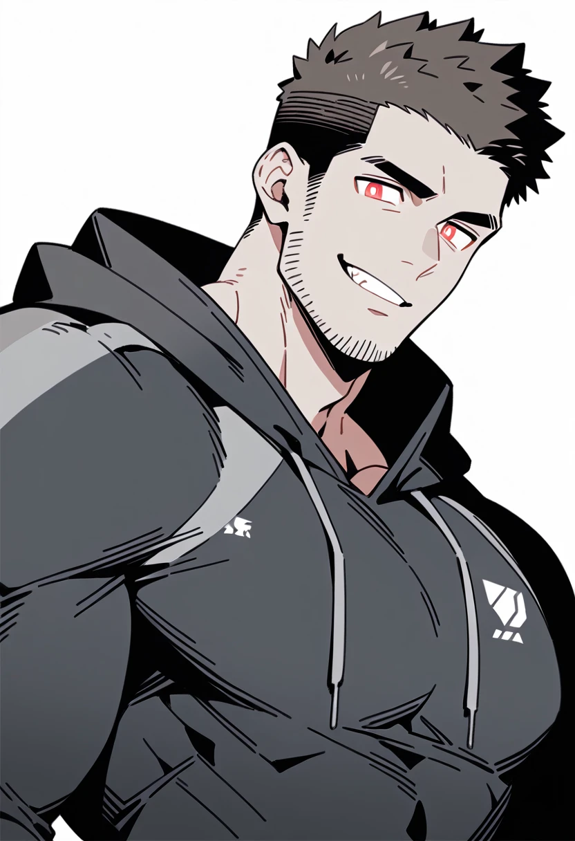 anime characters：Priapus, Black Grey Skin Muscle Sports Student, Manliness, male focus, Sports tight hooded sweatshirt, Under Armour Brand, Wear a high-necked tights underneath, Very tight, Huge pectoral muscles, muscular male, muscular, Perfect muscular waist, only, Upper body, alone, Red short hair, Thick eyebrows, stubble, Brown-red pupils, White background, simple background, amazing quality, best aesthetics, Ridiculous, crew cut, smirk, bright pupils, grin, negative space, negative space, best quality