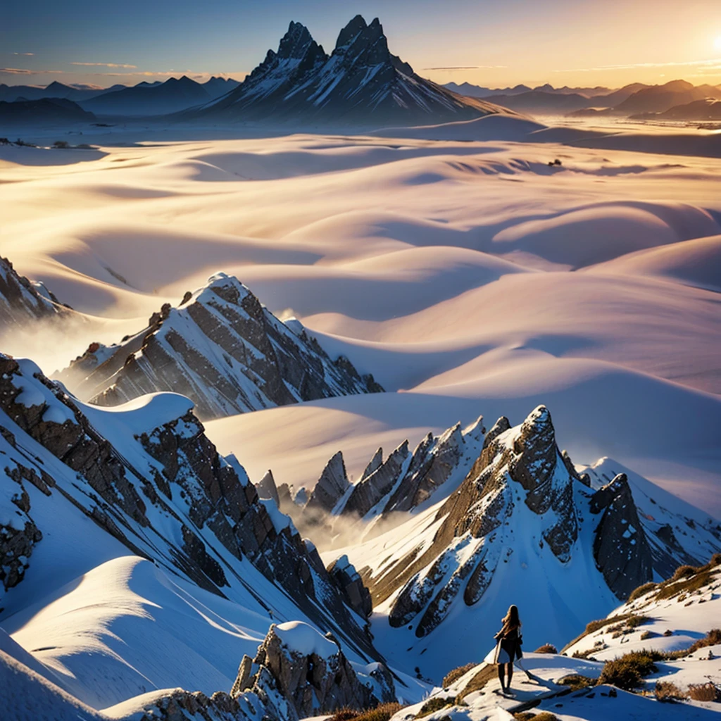 A fantasy world with tall, snowy mountains reaching into the sky through the clouds, 