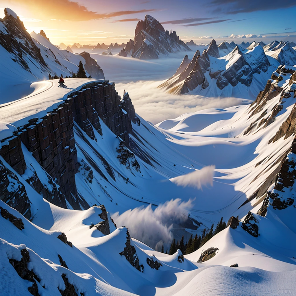 A fantasy world with tall, snowy mountains reaching into the sky through the clouds, 