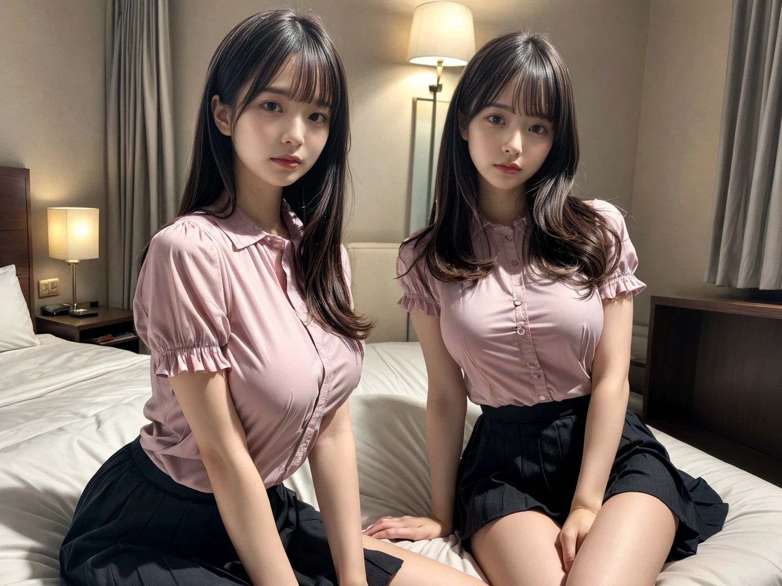 masterpiece, best quality, illustration, Super detailed, fine details, High resolution, 8K,wall paper, perfect dynamic composition,(Details High quality, realistic depiction of eyes:1.3), (2 girls), pink frilled shirt blouse, Black Frilled skirt, sitting, open legs, short bob hair, in a hotel room in the background, deep on field, large breasts, black hair color, Big Natural Color Lip, (perfect body shape), crying a little、Harajuku style、20 year old girl、cute type、beautiful legs, Gravure Idol