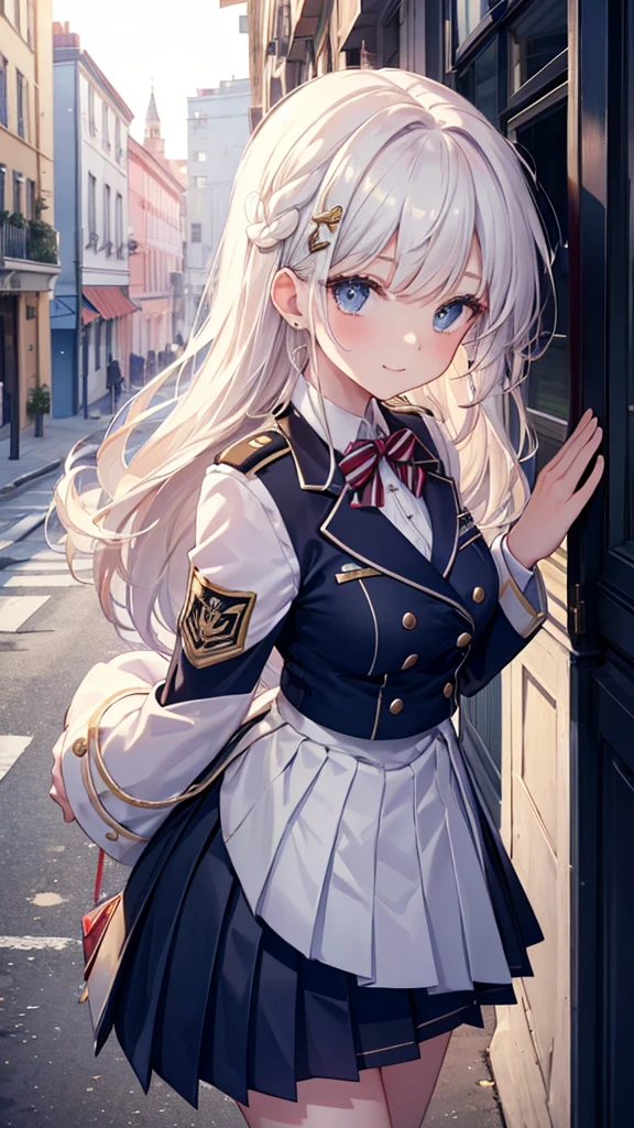 Close-up of a woman in uniform standing in front of a building ＪＫ, blazer, Pleated skirt, White underwear, Beautifully decorated, Delicate hair ornament, Fearless Smile, (View from bottom up:1.2, looking down on the audience), Backstreets, Wall Background, High resolution, masterpiece:1.2, Attention to detail, high quality.