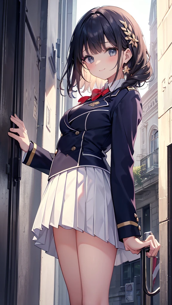 Close-up of a woman in uniform standing in front of a building JK, blazer, Pleated skirt, White underwear, Beautifully decorated, Delicate hair ornament, Fearless Smile, (View from bottom up:1.2, looking down on the audience), Backstreets, Wall Background, High resolution, masterpiece:1.2, Attention to detail, high quality.