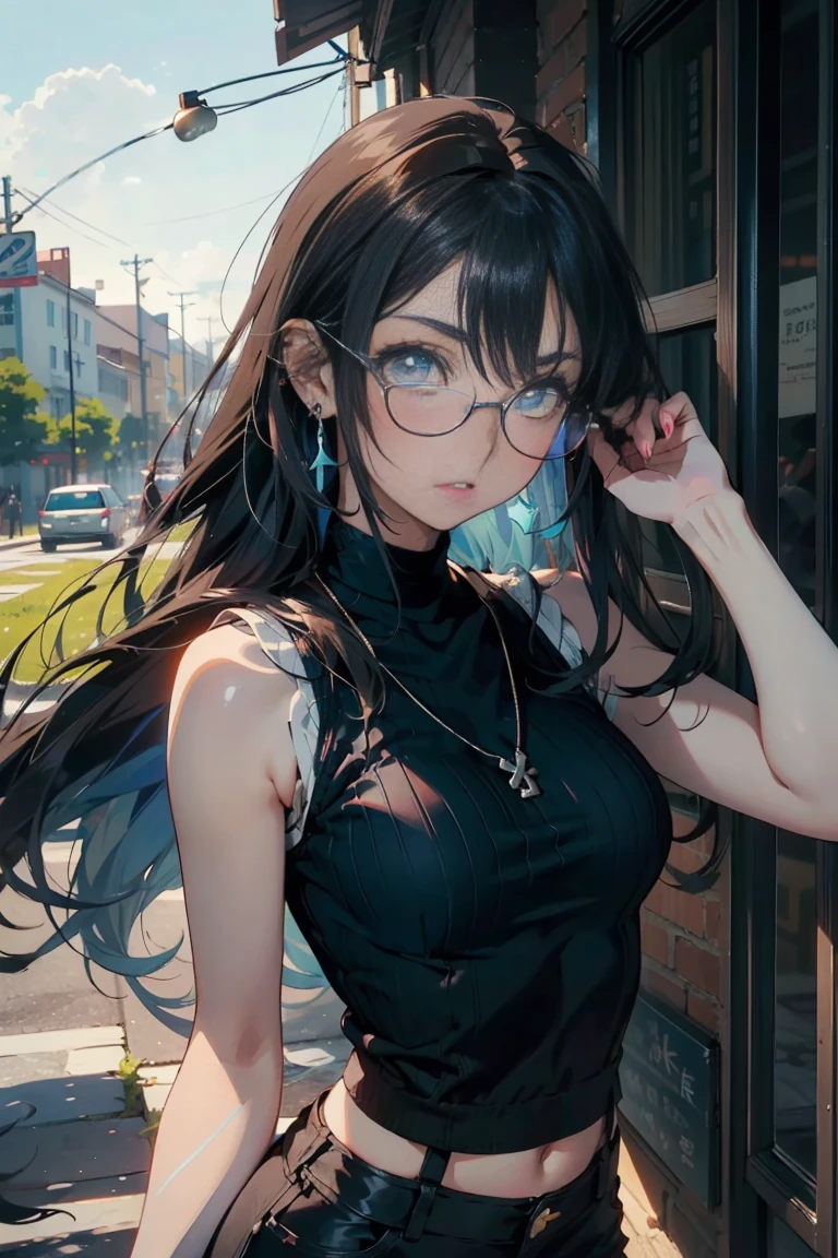 ((masterpiece)), ((Best quality)), ((Anime Avatar Style)), a 20 year old girl, ((light blue eyes)), ((ideal)), ((Round clear glasses)) , eyebrow, nose, ear, ((ear piercing)), mouth, ((Long black hair - )), neck, shoulder,, ((singlet)), ((shorts)), ((брюки noseки )), (neck chain), background landscape