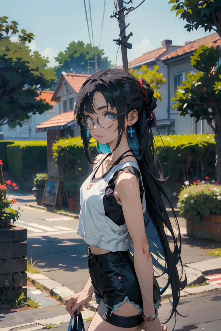 ((masterpiece)), ((Best quality)), ((Anime Avatar Style)), a 20 year old girl, ((light blue eyes)), ((ideal)), ((Round clear glasses)) , eyebrow, nose, ear, ((ear piercing)), mouth, ((Long black hair - )), neck, shoulder,, ((singlet)), ((shorts)), ((брюки noseки )), (neck chain), background landscape