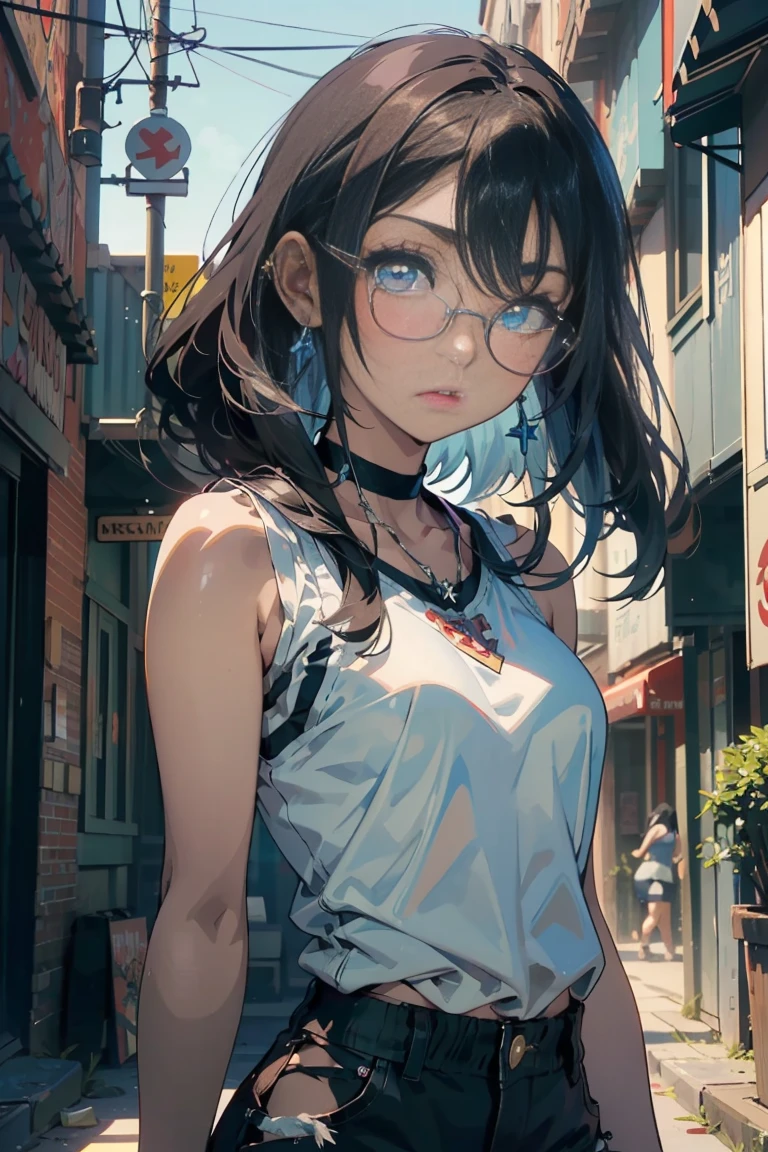 ((masterpiece)), ((Best quality)), ((Anime Avatar Style)), a 20 year old girl, ((light blue eyes)), ((ideal)), ((Round clear glasses)) , eyebrow, nose, ear, ((ear piercing)), mouth, ((Long black hair - )), neck, shoulder,, ((singlet)), ((shorts)), ((брюки noseки )), (neck chain), background landscape