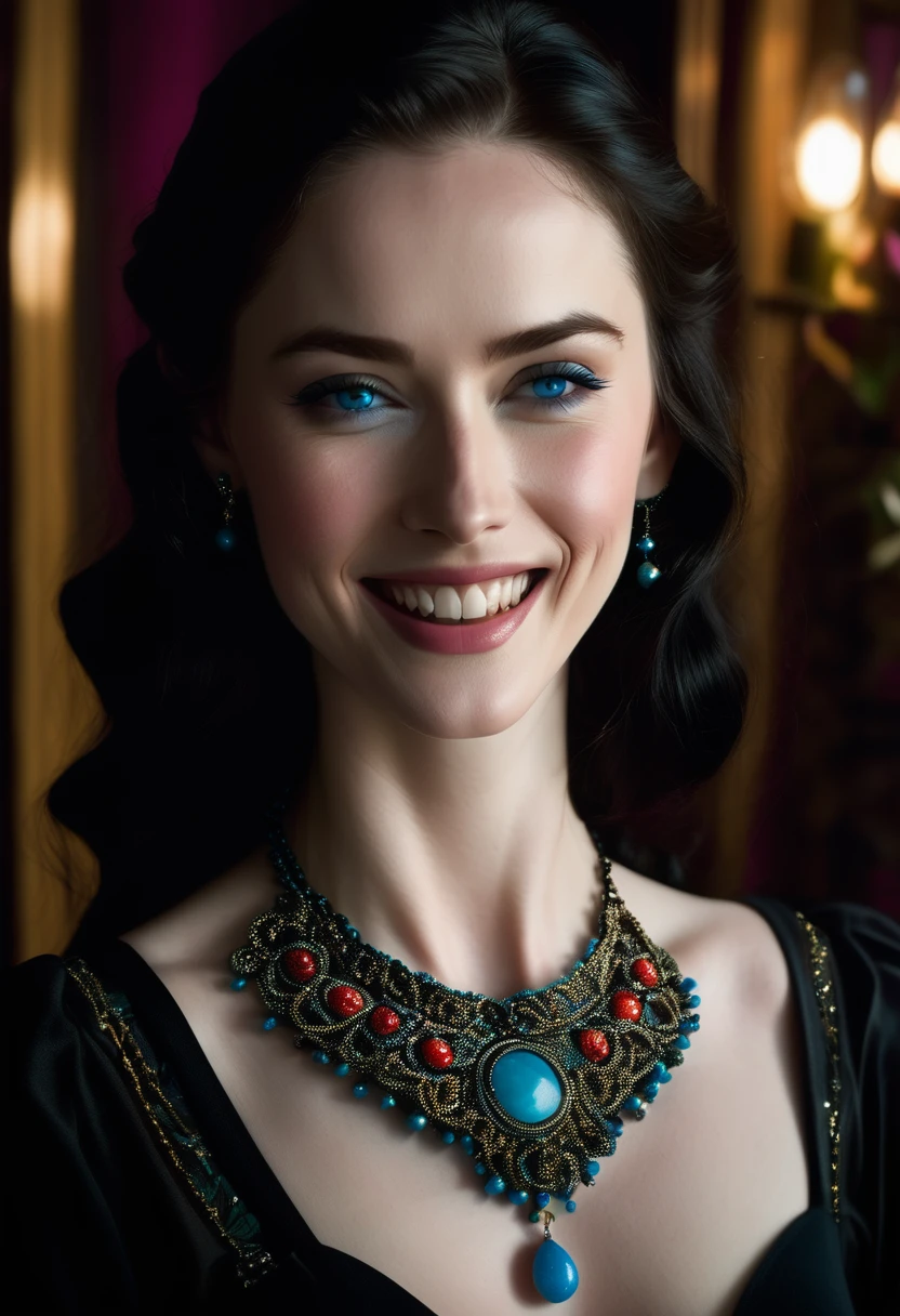 A dark-haired woman with pale skin and intense blue eyes is seen in a dimly lit room with vintage decor. She is dressed in a black outfit, wearing a necklace with a small pendant. The scene shifts to her having fun with a man in a lively outdoor setting. They are engaged in playful activities, laughing and smiling. The contrast between the indoor solitude and the outdoor joy highlights her multifaceted personality