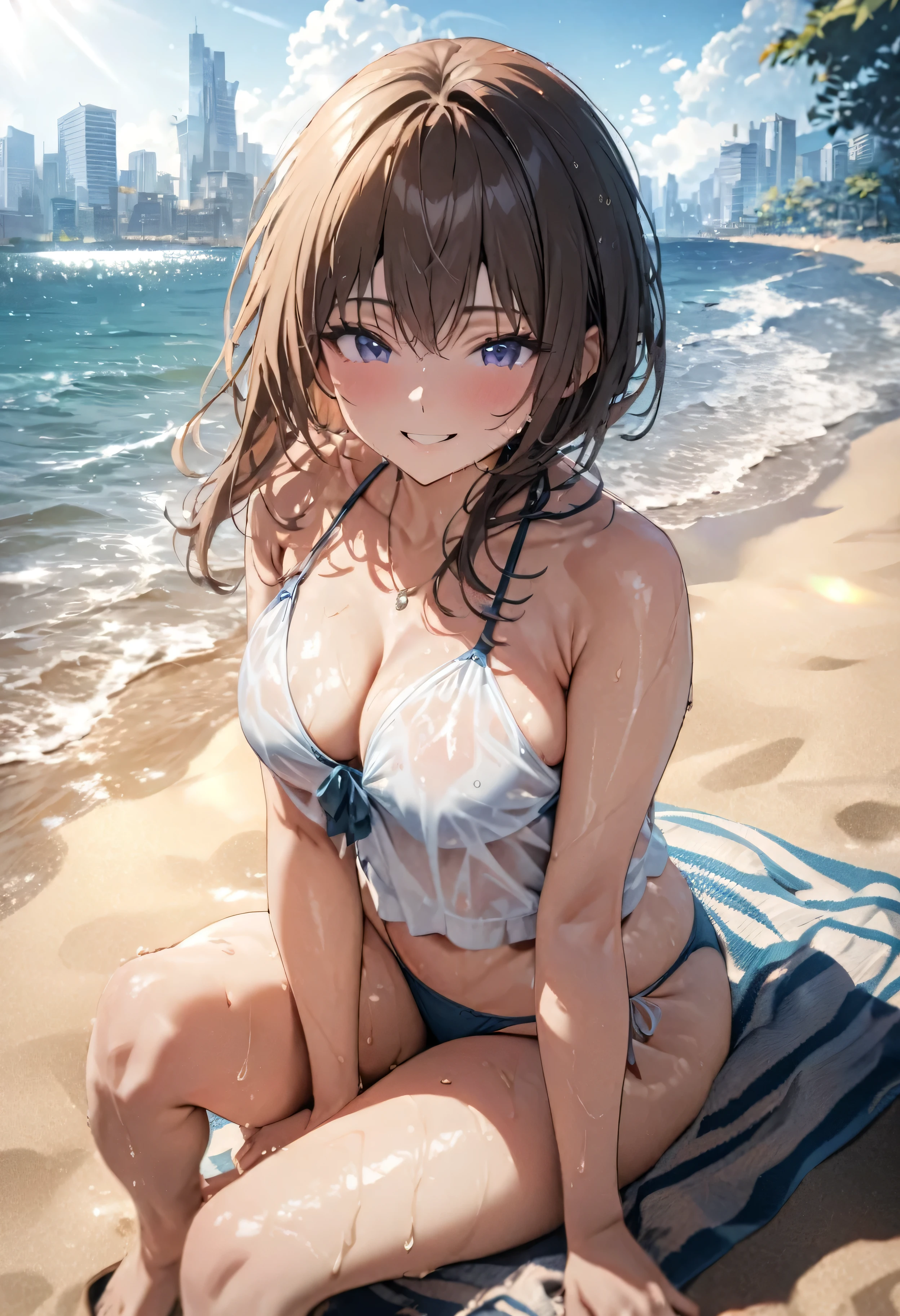 (Highest quality, masterpiece, High resolution), (High resolutionスキン: 1.2), 8K  UHD, Backlight, Background Blur, smile, One woman, Woman in bikini sitting on sandy beach, Strong sunlight, A beach with a glittering blue water surface, In the distance, the European cityscape can be faintly seen, sunny, Summer sunshine, Wet Skin