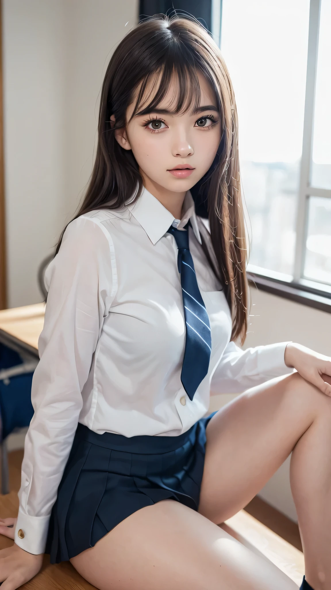 (1girl), kawaii, (Best Quality:1.4), (Ultra-detailed), (extremely detailed CG unified 8k wallpaper), Professional Photography, (hi-school uniform, pleated mini skirt:1.3), depth of fields, School, classroom, (sitting:1.3), (masterpiece:1.4), professional photography, (spread legs, no panties:1.2), (fine face:1.2),