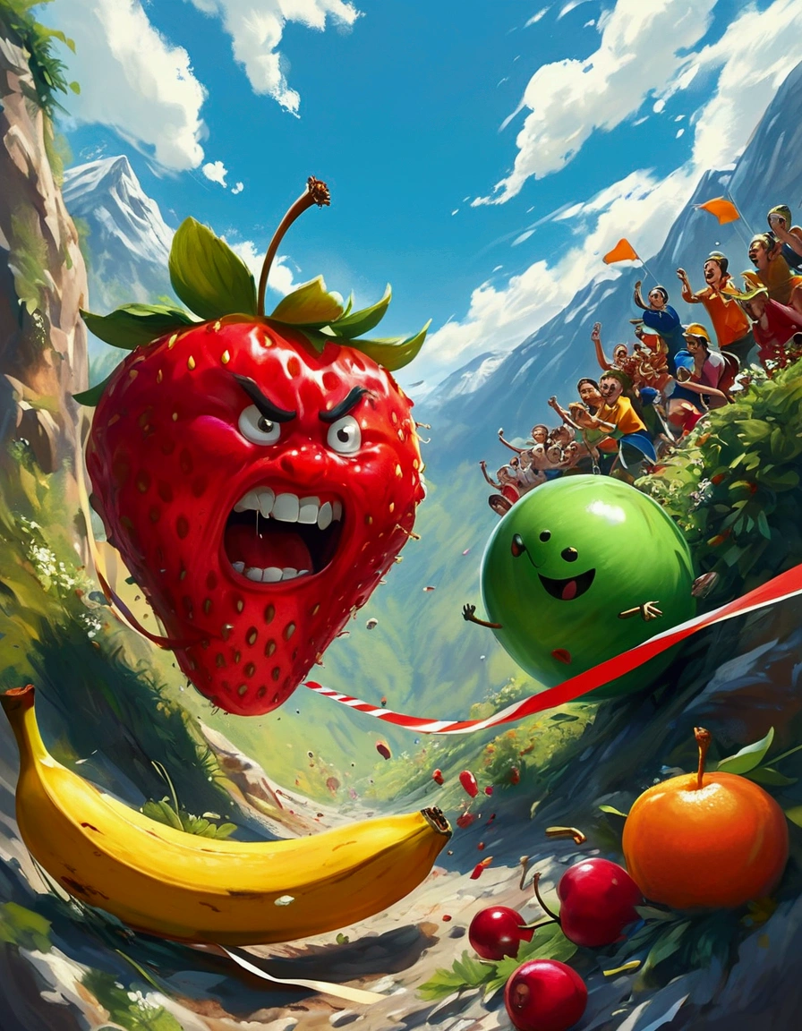 A humorous illustration depicting the concept of competition。A red strawberry and a green apple rolled down the hill，Running like crazy，There is a finish line tape at the bottom of the hill。Strawberry&#39;s facial expression is exaggerated，Demonstrated strong determination and competitive spirit。A group of fruit lovers，Such as bananas、Cherries and oranges，Watching the game eagerly，Cheering and waving flags on the sidelines。Background is a sunny day，The sky is blue，White clouds。The scene is playful and exaggerated，Emphasizes the humor and lightness of the scene。