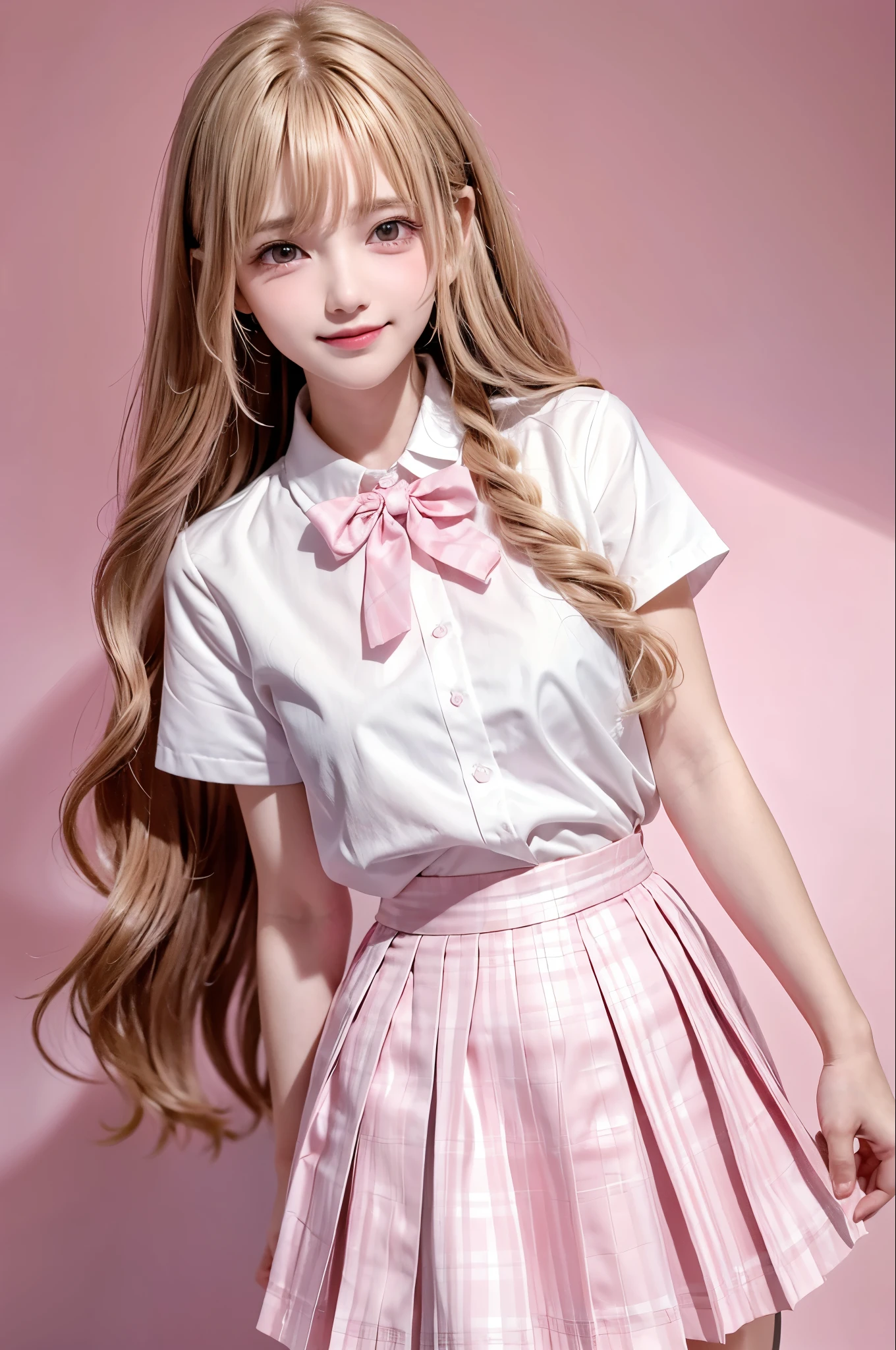 high resolution,smile,happy,light smile,woman,adult, Clear,cute,Blonde, wavy hair, long hair ,BREAK, Pink brown eyes,BREAK, high school girl,uniform,White shirt,Pink checkered pleated skirt,BREAK, Facing forward,BREAK,Pink background,
