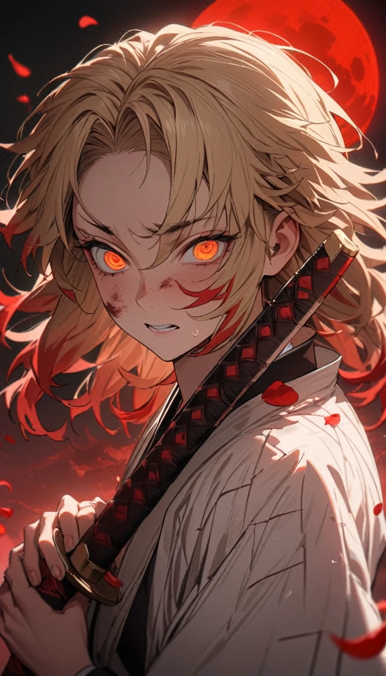 Absurd, High resolution, Super detailed, High resolution, masterpiece, Highest quality, Rengoku Kyojuro grabbing a katana, Medium blonde hair with red streaks, Expressive orange eyes, Kimetsu no Yaiba, 1 person, good looking, Red petals, red lily, Red Moon, inflammation 